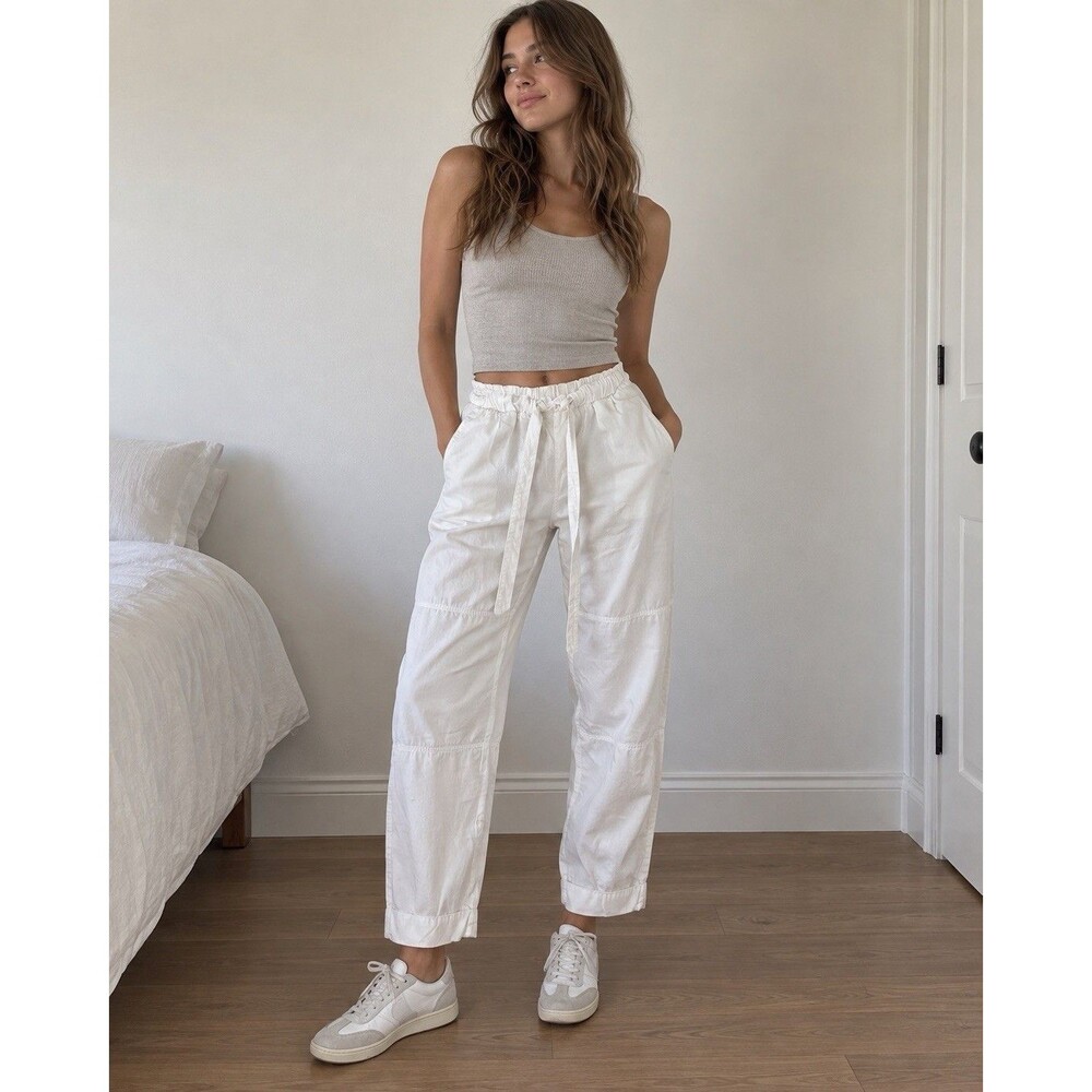 Bella Dahl White Linen Blend Pants M Pull On Drawstring Relaxed Tapered Made USA